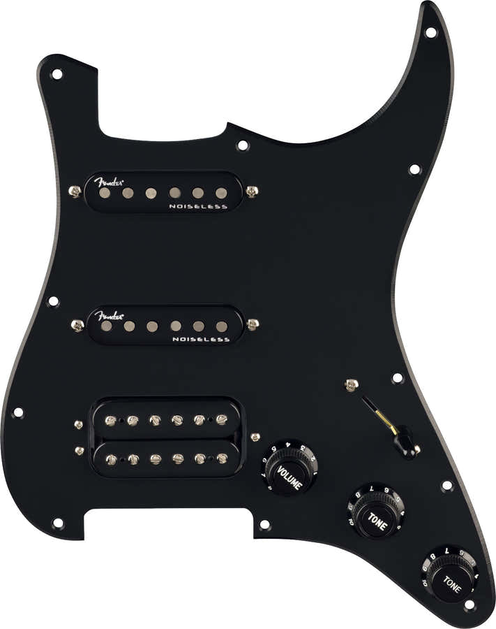Escudo Strat pré-cablado Quadra Tap/Ultra Noiseless HSS Preto 11 furos PG