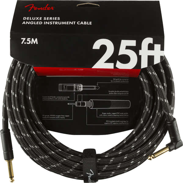 Fender DELUXE INSTRUMENT CABLE STRAIGHT/ANGLE 25' BLACK TWEED