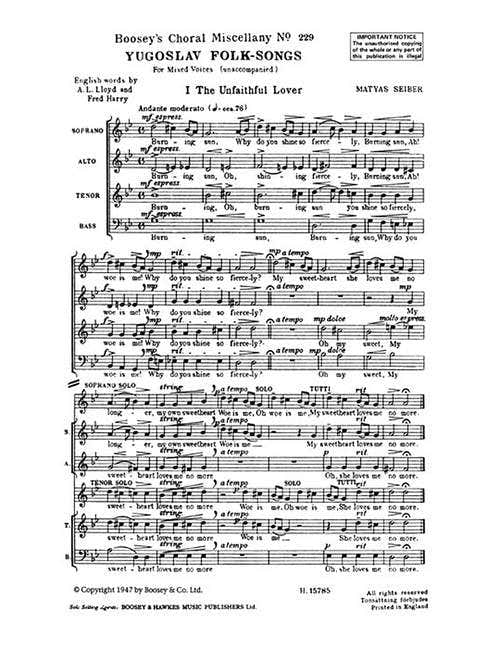 Seiber - Yugoslav FOLK-songs No. 229 - Choeur Mixte (satb) A Cappella