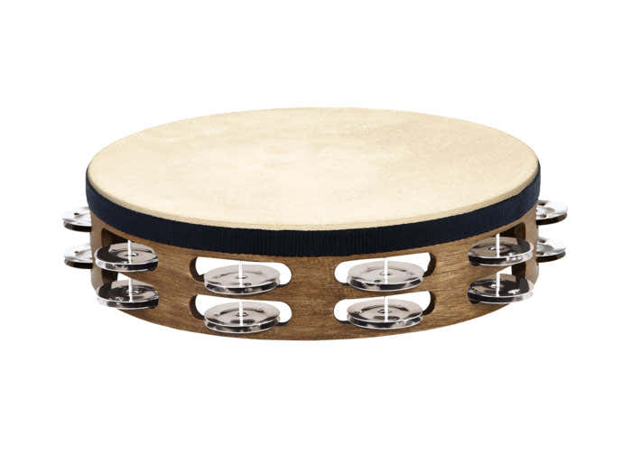 TRADITIONAL GOATSKIN WOOD TAMBURINE STAINLESS STEEL JINGLES 2 ROWS