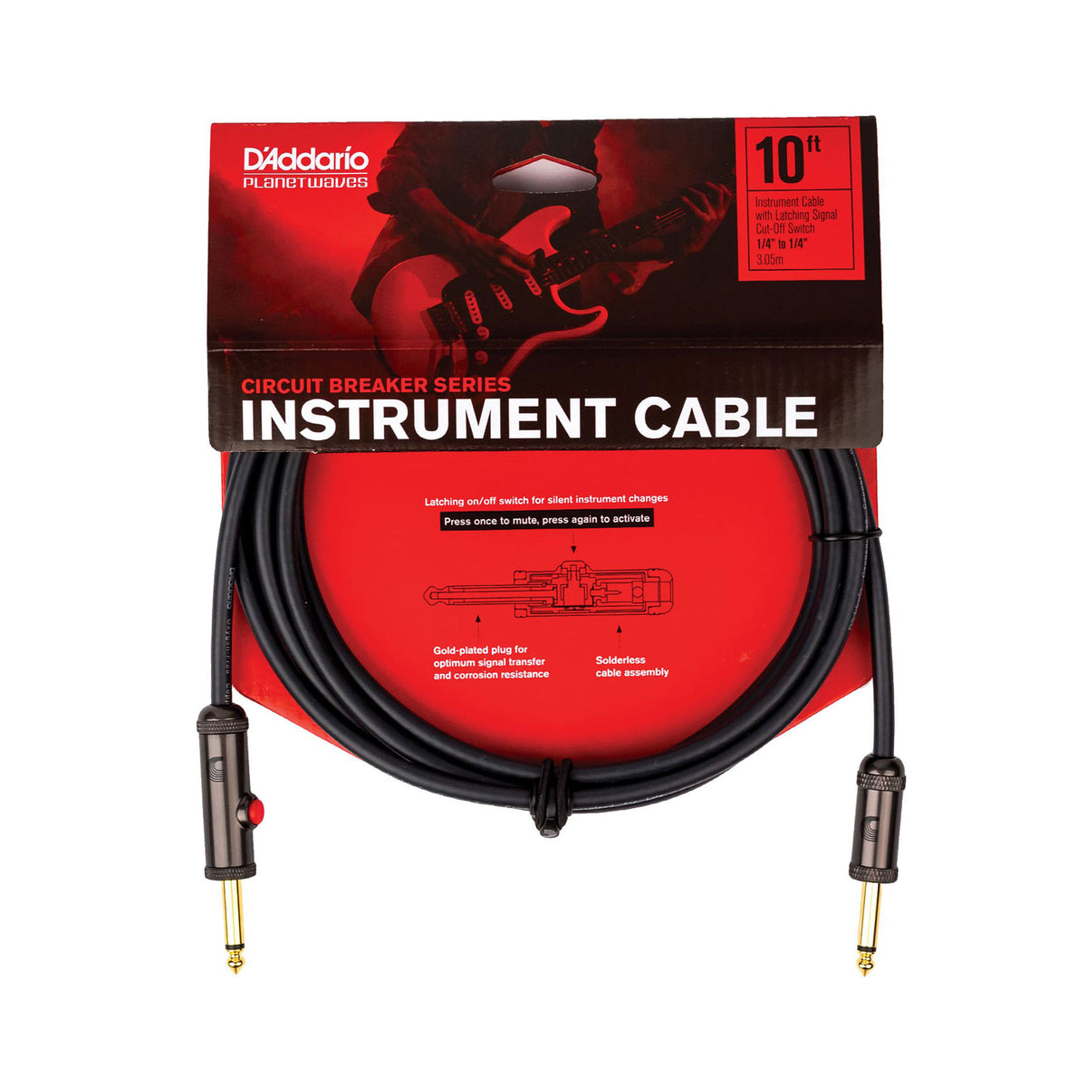 10' CIRCUIT BREAKER INSTRUMENT CABLE WITH LATCHING CUT-OFF SWITCH STRAIGHT PLUG