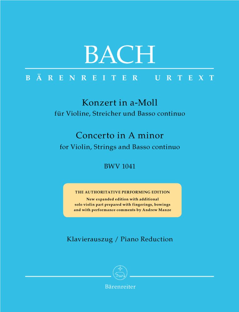 BACH J.S. - CONCERTO EN LA MINEUR BWV 1041 POUR VIOLIN CORDES ET BASSE CONTINUE - REDUCTION VIOLON,