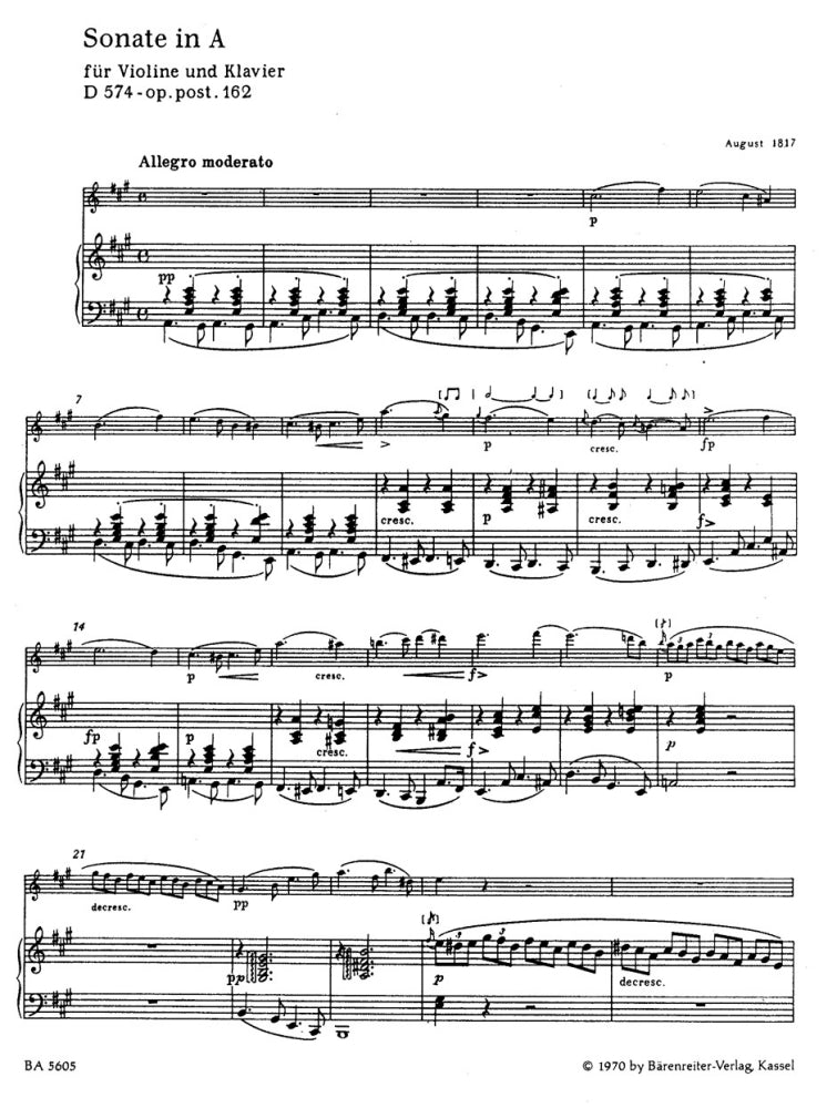 Schubert Franz - Sonata para Violino e Piano em Lá maior Op. Post. 162 D 574