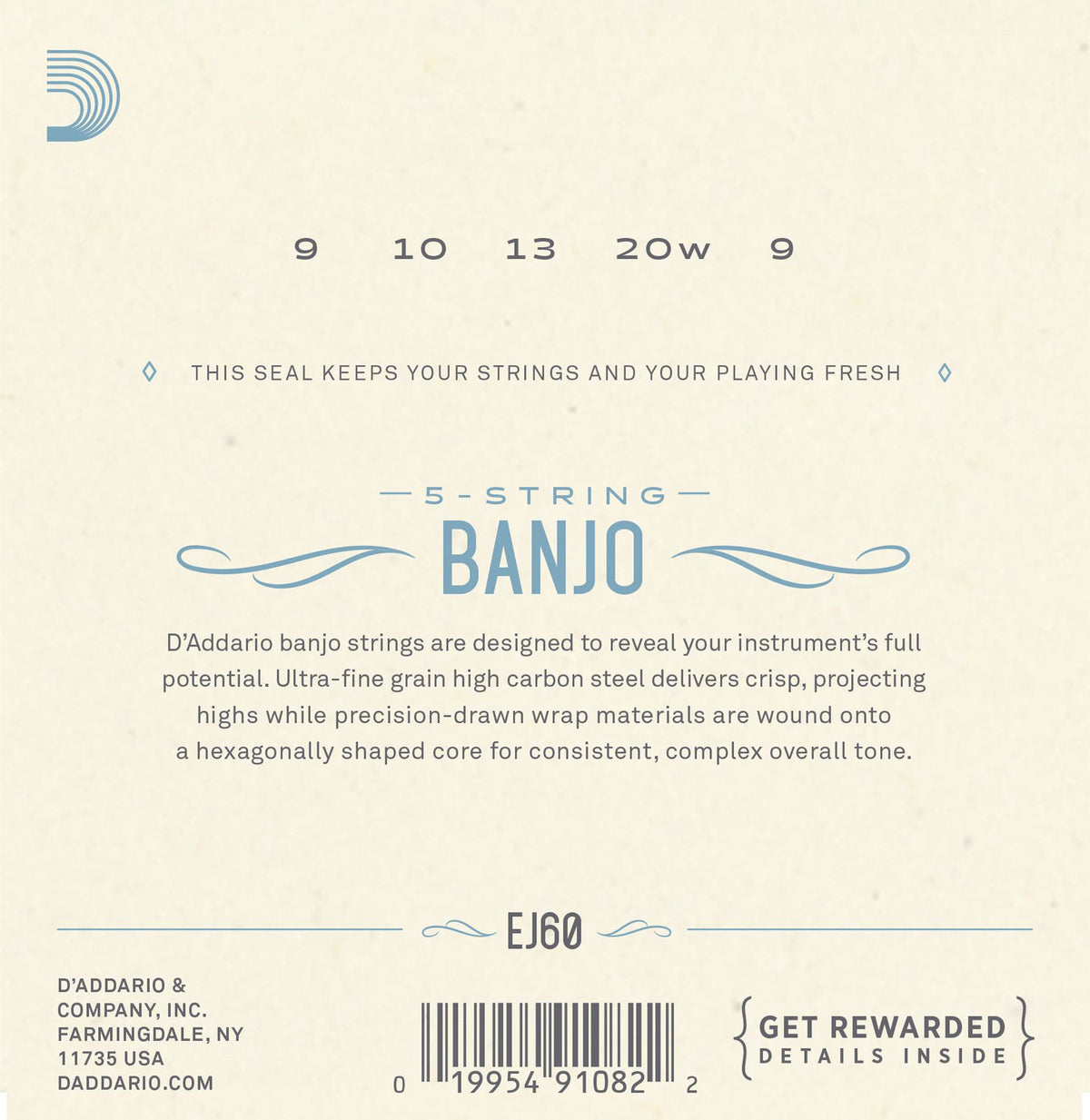 EJ60 Cordas de banjo de 5 cordas Nickel leves 9-20