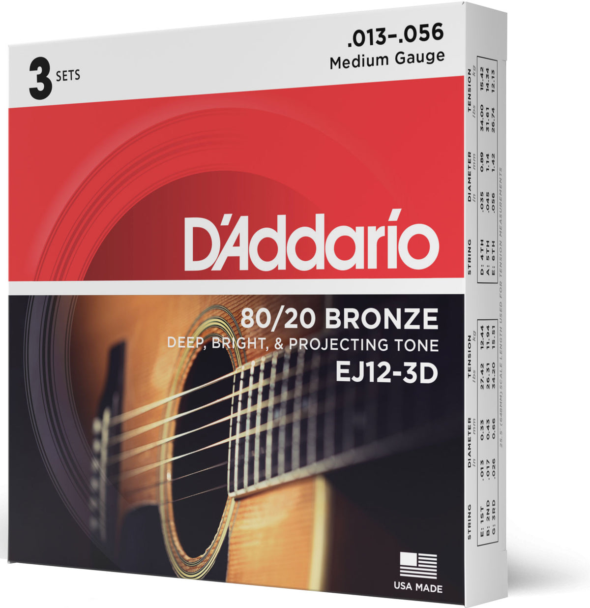 STRINGS FOR ACOUSTIC GUITAR EJ12-3D BRONZE 80/12 MEDIUM 13-56 (3 SETS)