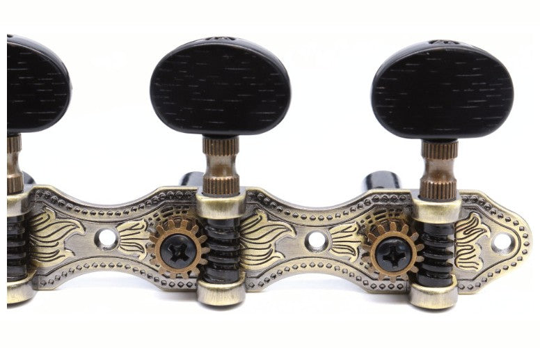 CLASSIC GUITAR TUNING MACHINES 3+3 HAUSER BLACK BUTTON AND ROLLER AGED BRASS