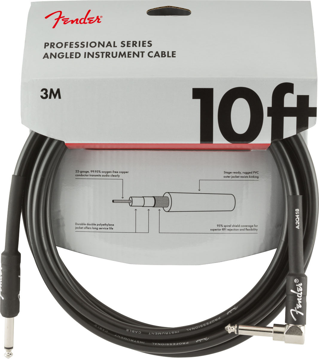 Fender PROFESSIONAL INSTRUMENT CABLE STRAIGHT-ANGLE 10' BLACK