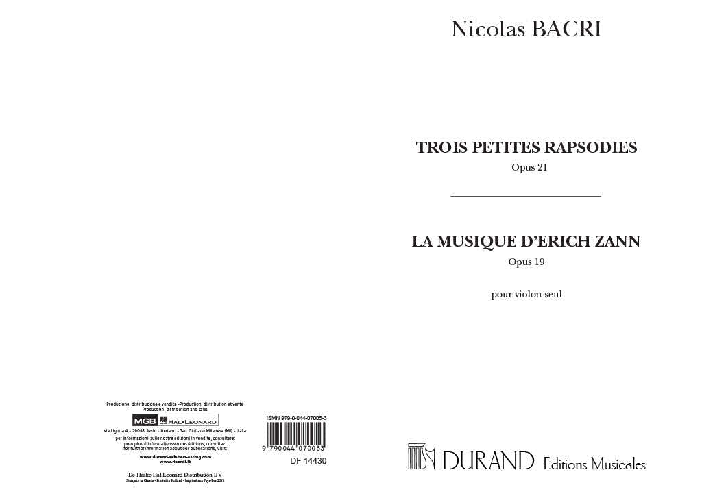 BACRI N. - TROIS PETITES RAPSODIES - VIOLON