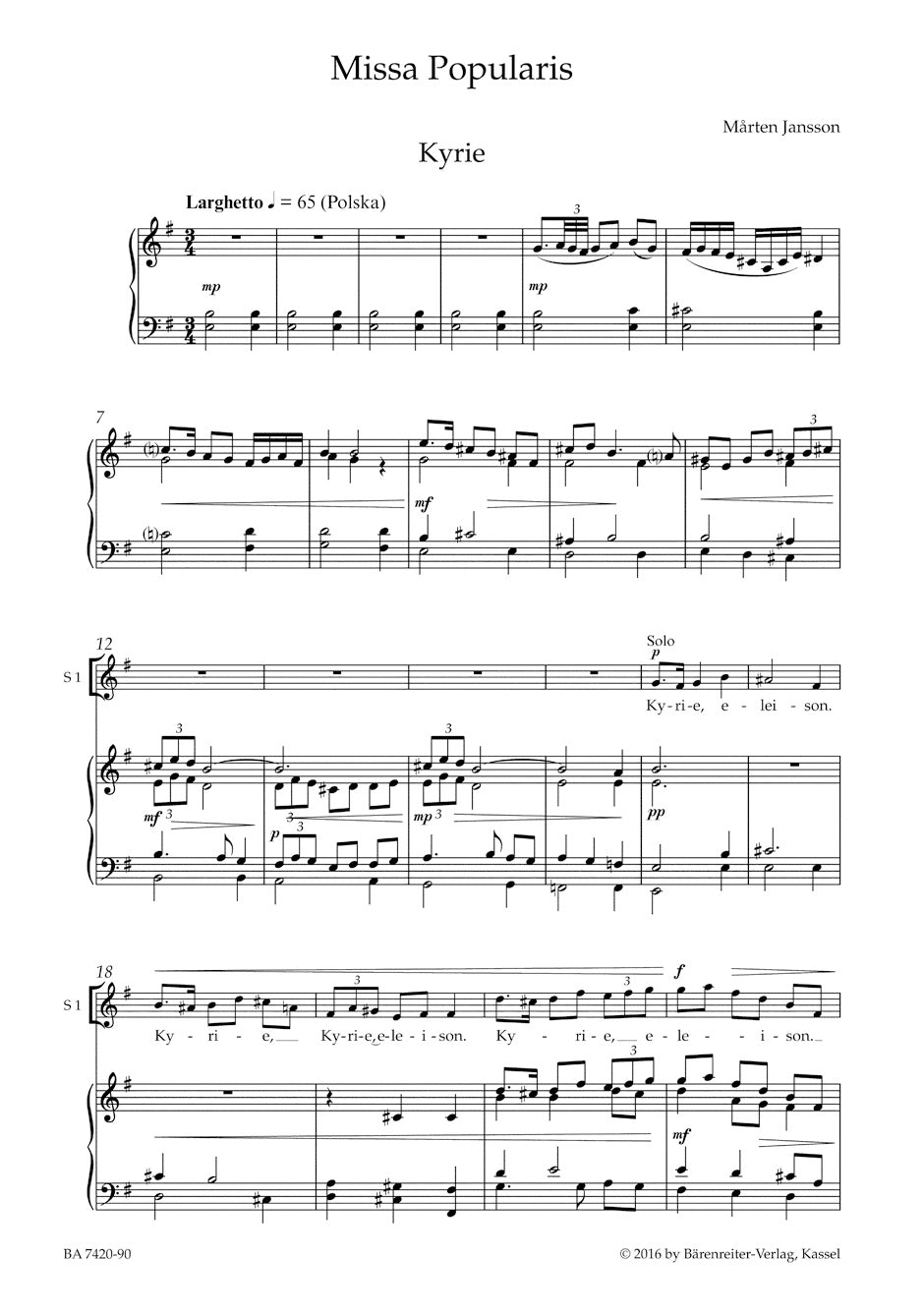 Jansson Marten - Missa Popularis - Vocal Score