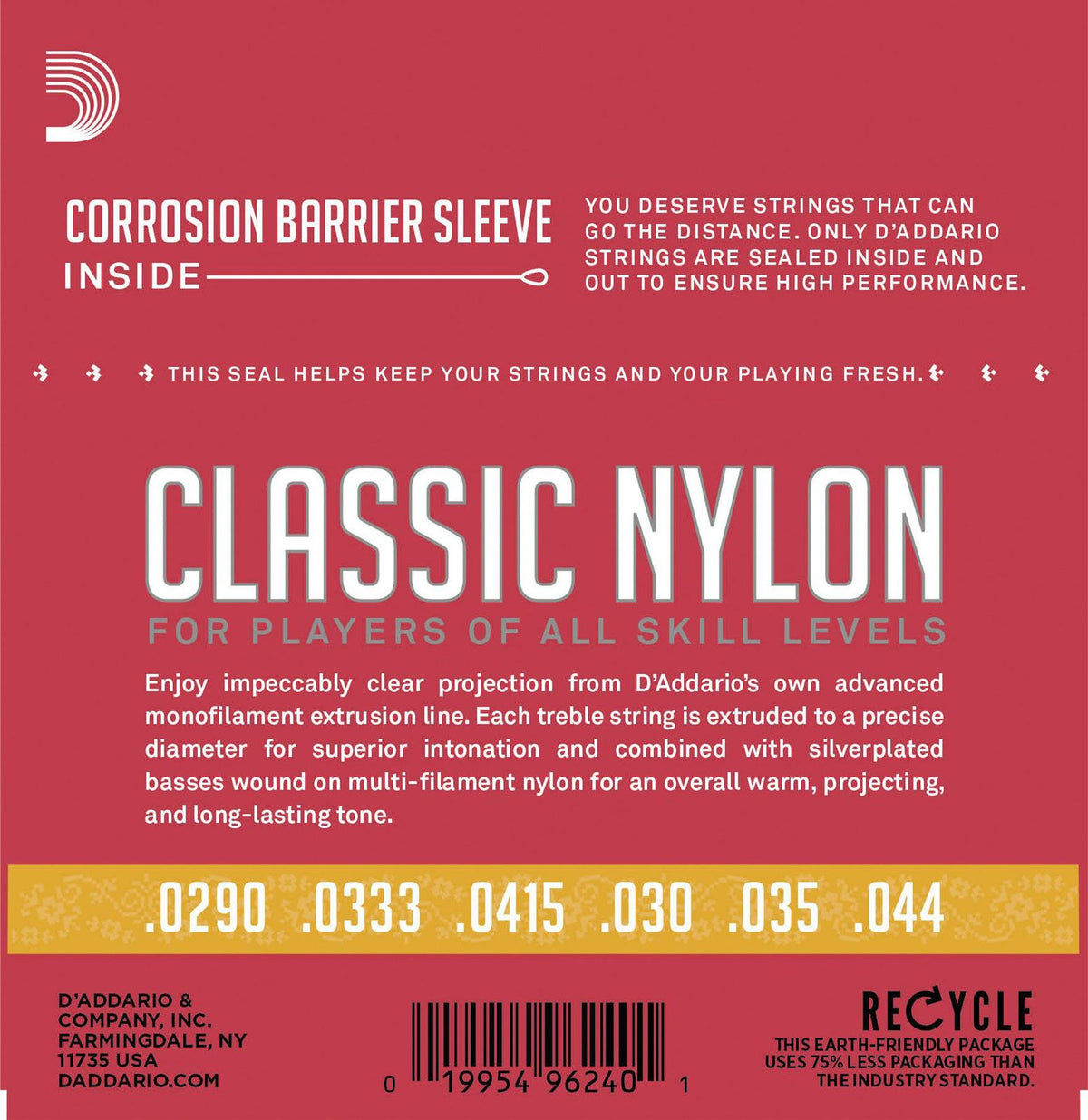 D'ADDARIO EJ27N 3/4 STUDENT NYLON FRACTIONAL CLASSICAL GUITAR STRINGS NORMAL TENSION