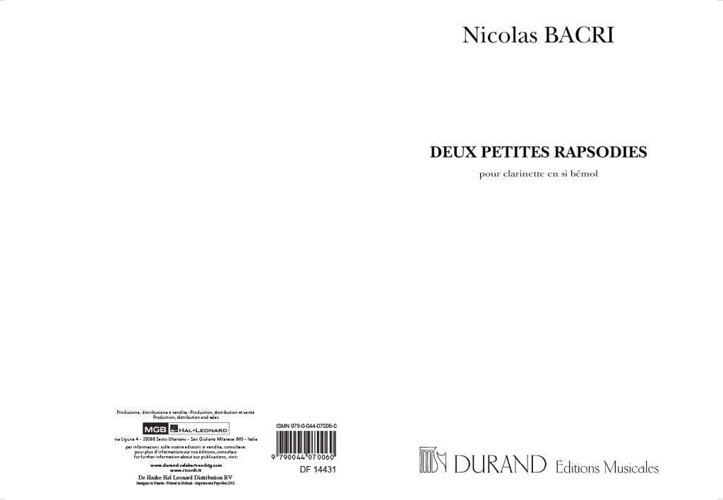 BACRI N. - DEUX PETITES RAPSODIES - CLARINETTE