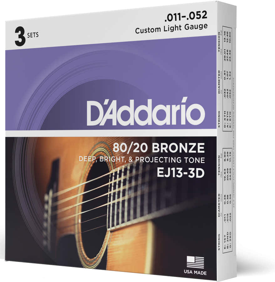 STRINGS FOR ACOUSTIC GUITAR EJ13-3D BRONZE 80/20 CUSTOM LIGHT 11-52 (3 SETS)