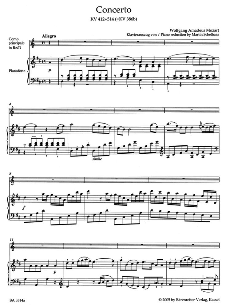 Moz W.A. - Concerto N°1 Em Ré Maior Kv 412 + 514 (386D) Para Trompa E Orquestra - Trompa Piano