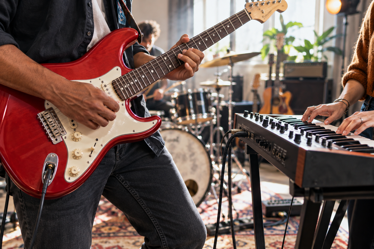 Músicos que tocam guitarra e teclado